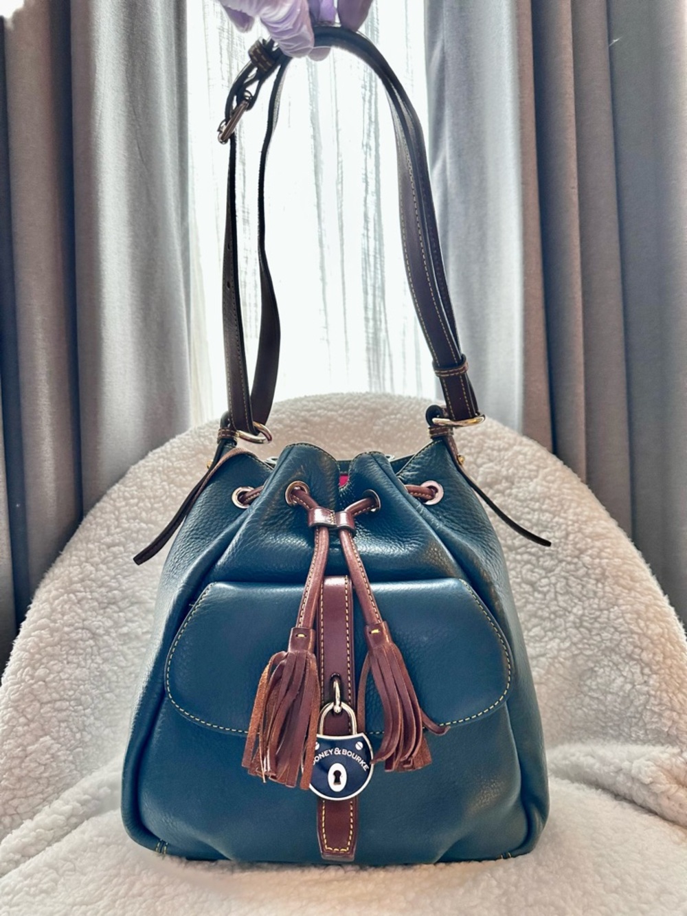 Dooney & Bourke Teal Leather Drawstring Bucket Bag with Brown Trim